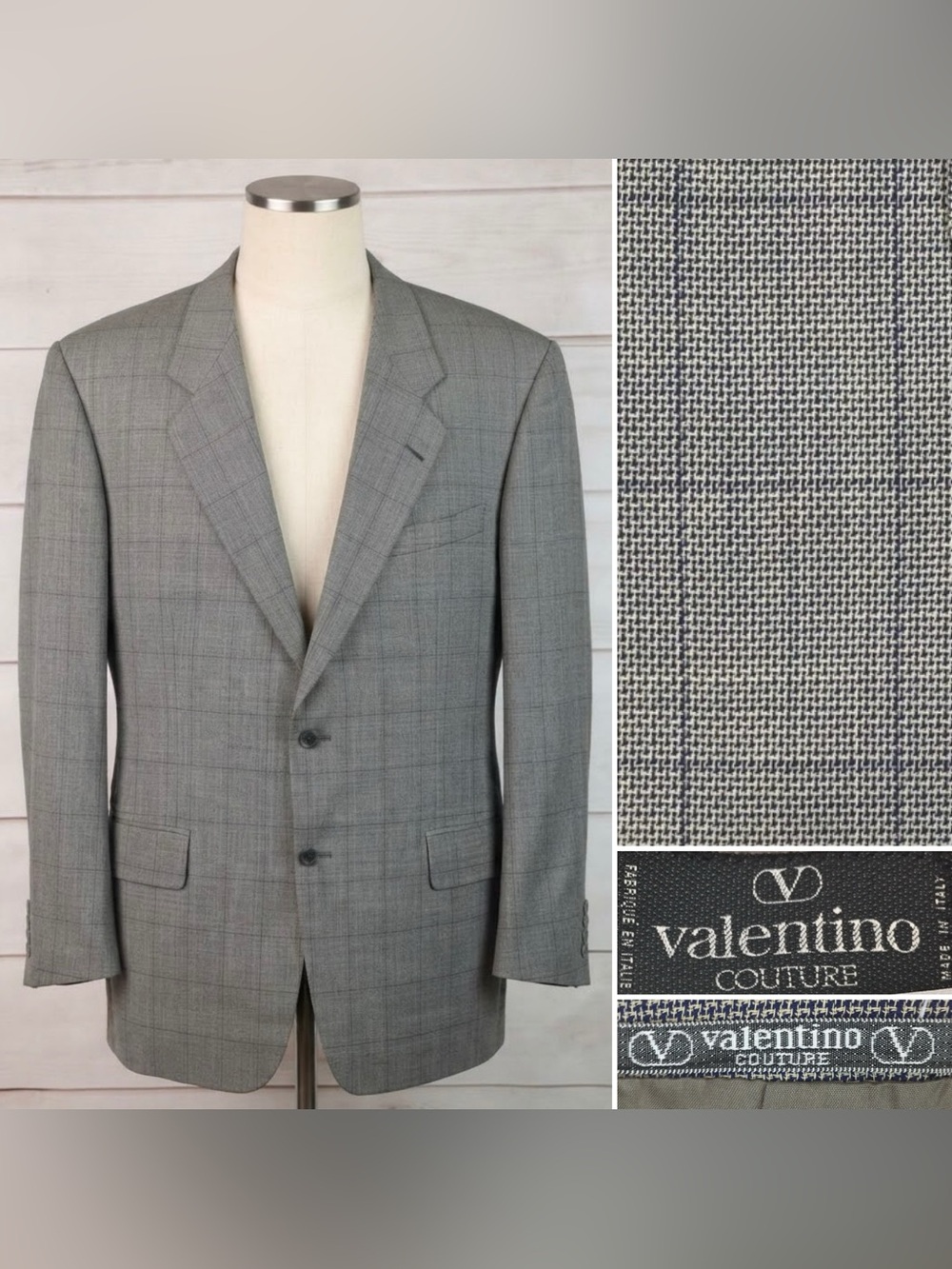 Valentino Men's 52R / US 42R Taupe Wool Windowpane Plaid Vintage Blazer Jacket
